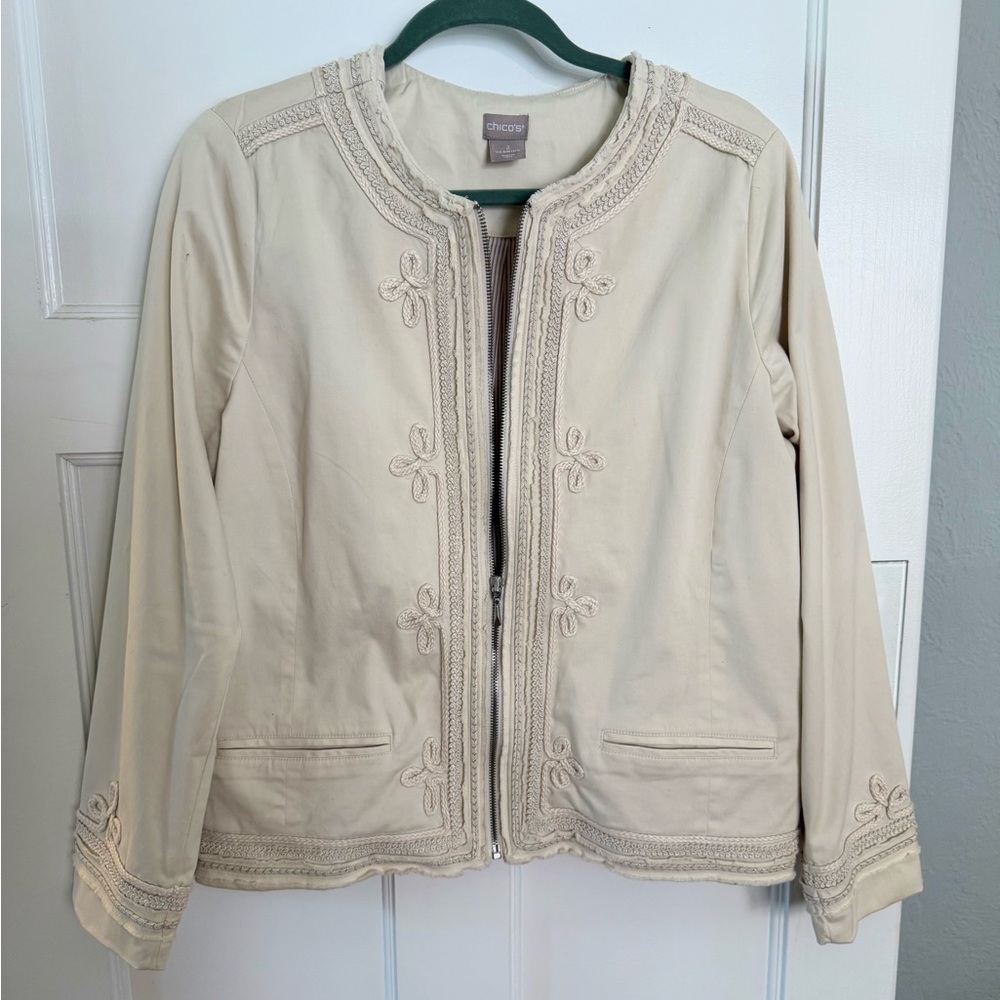 Chico's Cream Embroidered Zip Front Lined Jacket